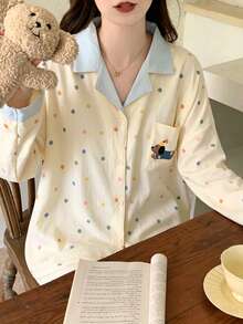 2 piezas Conjunto de pijama para mujer, parte superior con estampado de lunares de colores con bolsillo, estampado de perro de dibujos animados, pantalones cómodos, adecuado para primavera, otoño e invierno - Multicolor - Ver 5