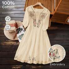 Women's Casual And Elegant Summer Midi Maxi Dress With A Vintage Bohemian Style, Short Sleeves, V-Neck, Embroidery And Buttons, Flared Cut In White - Pearl White - 查看 5
