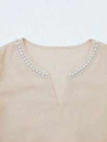Blusa casual elegante de mujer con cuello redondo en color champán, cuello en V, manga corta abullonada, con adornos de perlas falsas, corte holgado, adecuada para ir a trabajar, elegancia cotidiana.Elegante, casual, atuendo casual para mujer, ro - Champán - Ver 6
