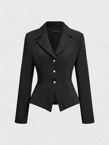 Set de 2 piezas Traje formal elegante de negocios: Blazer + Falda con abertura en el bajo - Negro - Ver 6