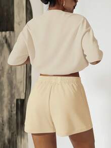 Bộ 2 món áo thun cổ tròn tay ngắn dáng rộng màu trơn và quần short nữ mùa hè phong cách casual, bộ đồ thể thao nữ, dùng cho đi chơi, nghỉ dưỡng, tiệc tùng, lễ tốt nghiệp - Màu be - Xem 2
