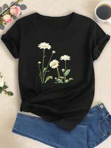 Camiseta Casual de Manga Corta con Cuello Redondo y Estampado de Etapas de Floración de Margarita Realista, Ropa de Mujer para Verano y Primavera - Negro - Ver 6