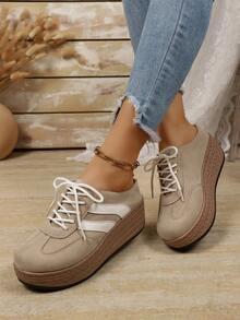 Women's Khaki & White Dual Stripe Wedge Thick Sole Sneakers, Woven Texture Sole Lace-Up Lightweight Casual Walking Training Shoes - Brown - View 7