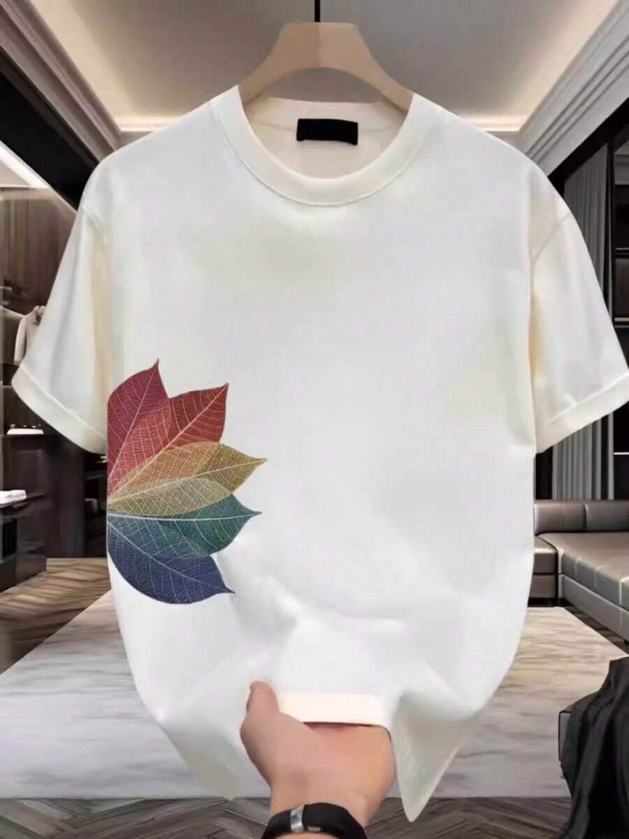 Men's Short-Sleeved T-Shirt In Pure Cotton, New Summer 2026 Style, Loose And Durable Fit, Crew Neck, Stylish Chinese-Style Top. ZH1E - 250g Pure Cotton - White With Rainbow Leaves - View 1