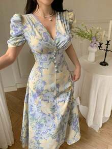 Vestido de mujer de ajuste ceñido con cuello cruzado, botones de perlas y mangas abullonadas - Azul - Ver 4