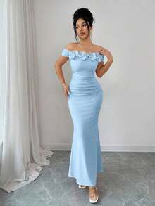 Elegante, encantador y sexy vestido de punto ajustado con hombros descubiertos, fruncido y con estampado floral para fiestas, vacaciones, primavera/verano - Azul - Ver 6