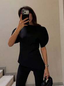 HH Blusa con mangas de pétalo y cintura ceñida, Vestido de fiesta de unicolor de manga corta y cuello redondo ajustado, Ropa de mujer asimétrica de verano - Negro - Ver 2