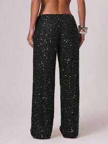 Resort - Pantalones de Ganchillo de Pierna Ancha con Lentejuelas para Mujer, Estilo Boho Ibiza, Elegantes para Vacaciones de Verano en la Playa - Negro - Ver 8
