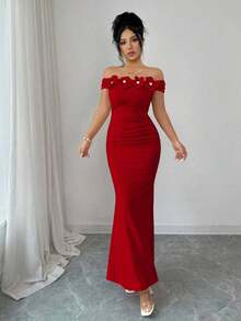 Elegante, encantador y sexy vestido de punto ajustado con hombros descubiertos, fruncido y con estampado floral para fiestas, vacaciones, primavera/verano - Rojo - Ver 4