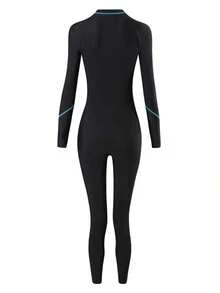 Bikinx Traje de baño deportivo de manga larga con cremallera, ajustado, con ribete de contraste de unicolor, para vacaciones de verano en la playa - Azul - Ver 9
