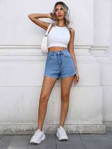 Shorts rectos de mezclilla azul con dobladillo enrollado, inspirados en festivales de música, de estilo casual y sexy para vacaciones, para mujeres jóvenes y estudiantes, color blanco, primavera/verano - azul medio - Ver 6