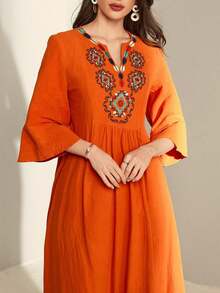 Vestido smock con bordado geométrico de cuello de muesca de manga con volante - Naranja - Ver 5