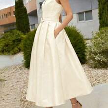 Women's Elegant Waist Belt A-Line Dress, New Spring/Summer Sleeveless V-Neck Urban Commuter Dress - Albaricoque - Ver 6