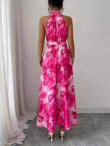 Vestido con estampado floral elegante, adecuado para ir al trabajo y para vacaciones en la isla - Rosa Fucsia - Ver 5