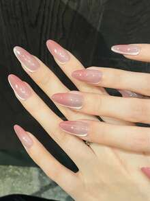 10pcs/Set Press On Nail Tips, Berry, Plum Color, Side Light Cat's Eye, Blush Gradient, Simple, Handcrafted Nail Stickers For Wearing. - Pink - View 2
