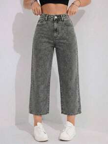 Vaqueros De Pierna Recta Con Bolsillo Inclinado De Color Liso - Gris - Ver 7