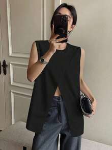 Camiseta sin mangas de negocios casual para mujer con cuello de pico y bajo dividido de unicolor - Negro - Ver 6