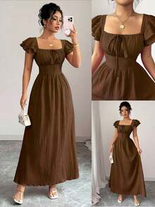 Nuevo vestido elegante para mujer con cuello cuadrado, mangas con volantes en capas, lazo en la parte delantera, diseño de lazada en la espalda, cintura entallada, diseño estilizante y de moda para jóvenes - Marrón - Ver 1