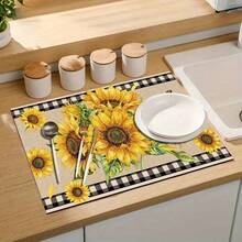 1pc Sunflower & Plaid Pattern Dish Drying Mat, Natural Farmhouse Style Absorbent Draining Pad, Suitable For Dining Table And Cafe, Multipurpose Drainage Mat, Home Gift, Desktop Decor - XYLSD-357 - View 9