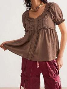 Blusa holgada de manga corta de unicolor tejida de estilo casual para mujer - Café integral - Ver 4