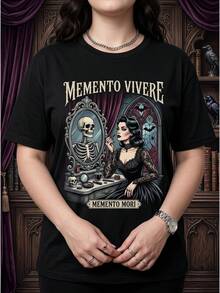 Talla grande, 1 pieza de ropa de verano para mujer de talla grande, camiseta con estampado gr£fico de dama gtica "Memento Mori Vivere" para Halloween, de ajuste holgado, cuello redondo, manga corta, top casual, regalos festivos, camiseta pura de uso diario, camiseta de verano elegante y de moda - Negro - Ver 2