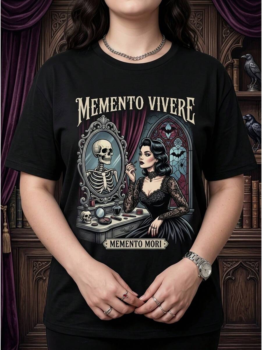Talla grande, 1 pieza de ropa de verano para mujer de talla grande, camiseta con estampado gr£fico de dama g￳tica "Memento Mori Vivere" para Halloween, de ajuste holgado, cuello redondo, manga corta, top casual, regalos festivos, camiseta pura de uso diario, camiseta de verano elegante y de moda
