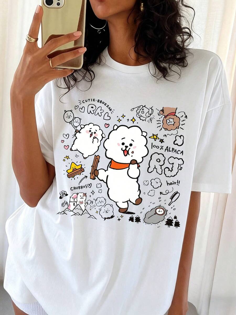 BTSS Oversized White T-Shirt BT21 RJ Doodle Art Graphic, Cute T-Shirt Featuring A K-Pop Character - White - View 1