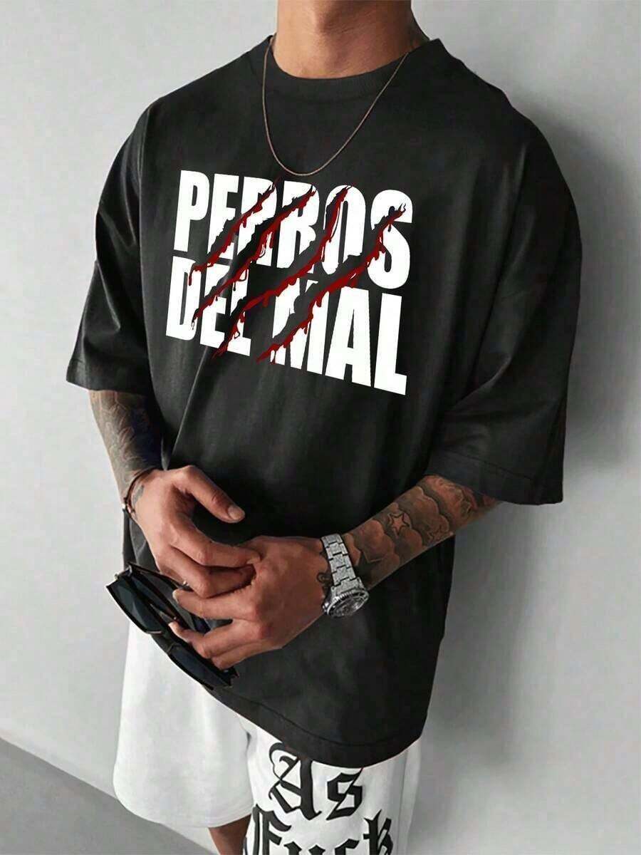 Men's Wrestling-Themed T-Shirt With A Devilish Dog Pack Print, Casual Summer T-Shirt, Crew Neck, Short Sleeve, 100% Cotton, 220g Thick Cotton - 黑色 - 查看 1
