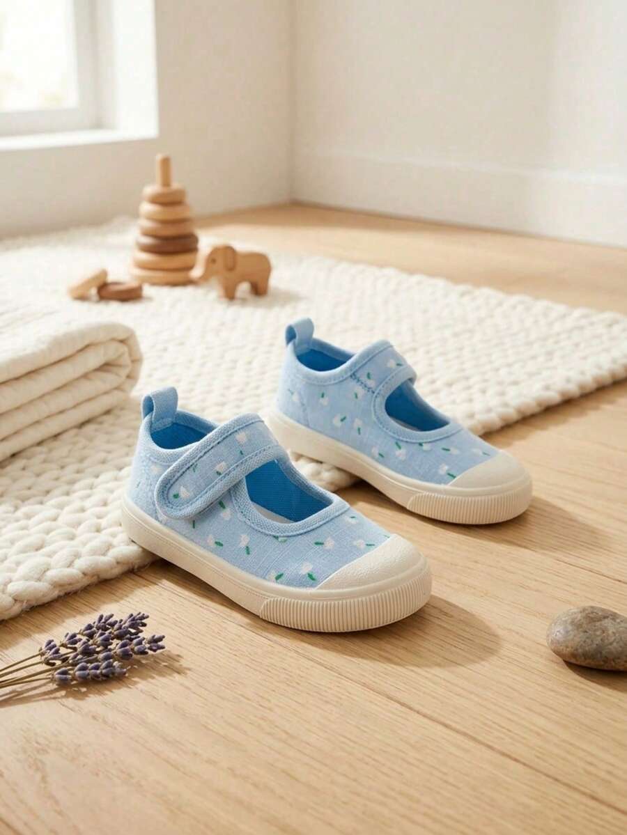 1双婴儿/幼儿蓝色花卉图案魔术贴帆布运动鞋,圆头软底透气休闲鞋,适合夏季上学和户外活动,以及返校季穿着。 - 藍色 - 查看 1