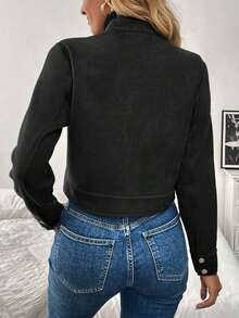 Chaqueta corta de carga de mujer con botones metálicos decorados, cálida y gruesa, adecuada para otoño/invierno - Negro - Ver 2