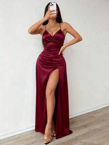 1 pieza Elegante y sexy vestido de satén de unicolor para fiesta con espalda descubierta, abertura alta asimétrica/asimétrica, lazo recortado, cordón y abertura en la espalda, adecuado para boda, fiesta de noche, gala formal, actuación en el escenario, baile de graduación, fiesta de cumpleaños, vacaciones, primavera/verano/otoño, color negro - Burdeos - Ver 3