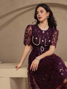 Vestido elegante de encaje de alta calidad con cintura ajustable, bordado, de estilo coreano suave y elegante - Morado - Ver 8
