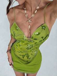 Nuevo vestido camisero romántico y sexy con cuello en pico, contraste de malla brillante y shorts, mini vestido anti-destellos - Verde 2 - Ver 6