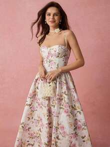Vestido largo de tirantes finos con estampado floral, romántico para mujeres para vacaciones de primavera/verano, dulce y elegante para el Día de San Valentín, cumpleaños, fiestas, citas, baile de graduación, boda y fiestas de jardín - Blanco - Ver 4