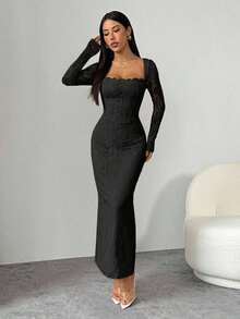 PETITE Vestido maxi negro ajustado de cuello cuadrado con copa de pecho, mangas largas de encaje con forma de S y escote sexy para fiesta de verano, cita y noche - Negro - Ver 5