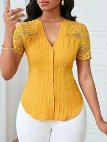 Camisa casual de mujer de unicolor y estilo simple para uso diario, verano - Amarillo - Ver 1