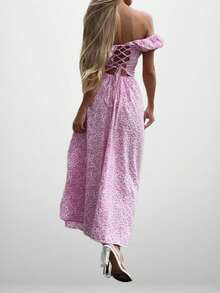 Vestido largo hombro al aire estampado floral con abertura elegante estilo europeo primavera - Rojo - Ver 2
