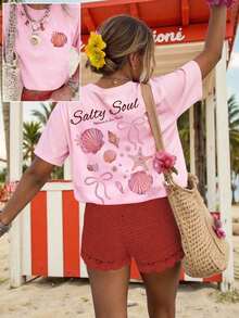Women's Plus Size Pink "Salty Soul" Graphic Short Sleeve T-Shirt, Casual Stretch Summer Vacation Top - 羅莎 - 查看 1
