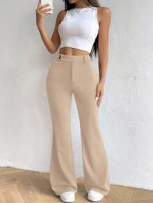 Pantalones casuales de unicolor para mujer - Caqui - Ver 5