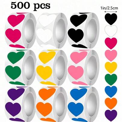 Cuộn 500 miếng dán hình trái tim nhiều màu sắc, tự dính, dùng để dán phong bì, trang trí hộp quà, gói quà, làm sổ lưu niệm, nhật ký, đồ thủ công, quà tặng đám cưới, sinh nhật, ngày lễ tình nhân, kỷ niệm, trang trí bao bì.