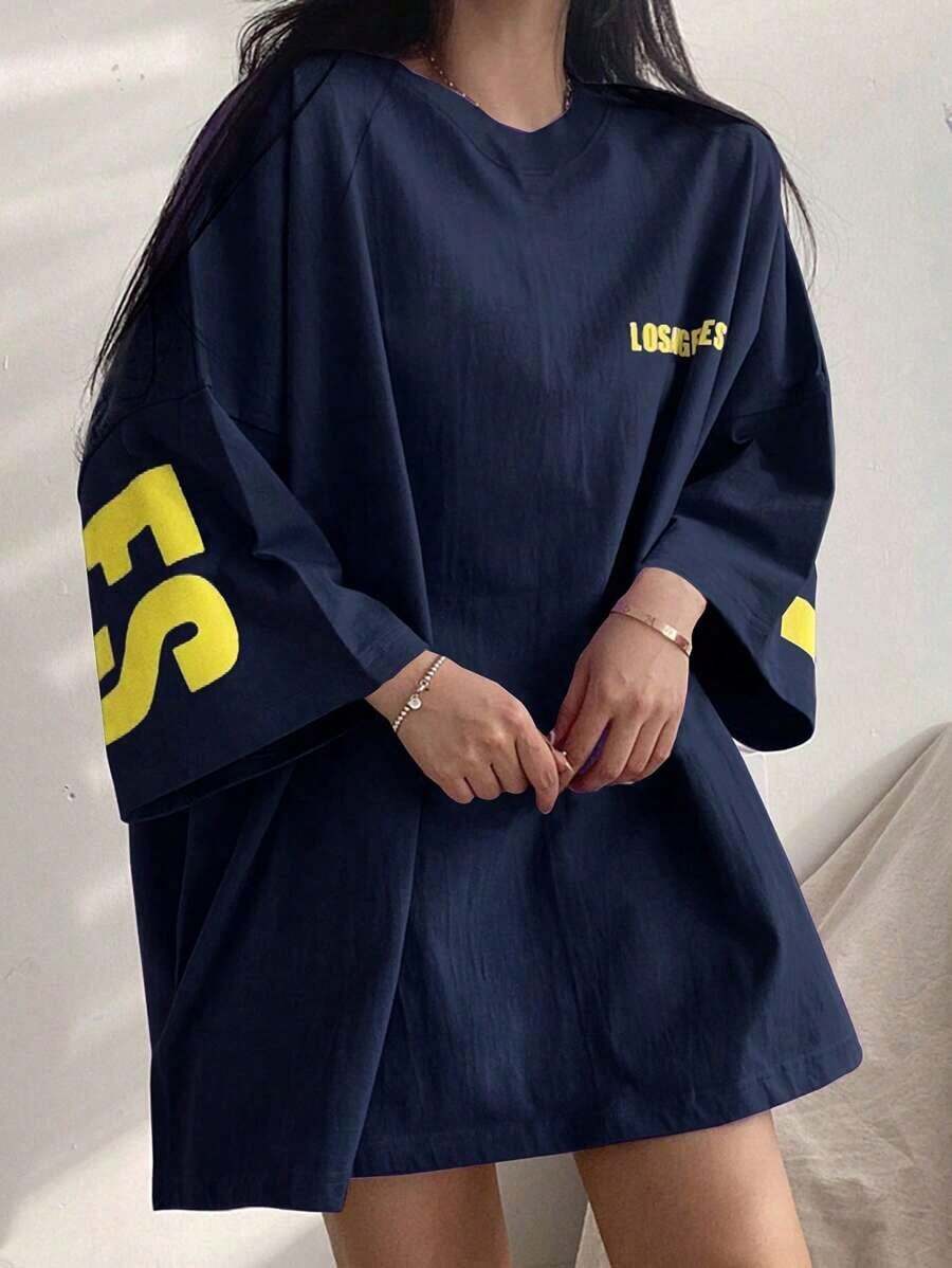 CZJ Oversized 3/4 Sleeve Longline T-Shirt, Loose Fit Casual Top Dress for Women - Azul marino - Ver 1