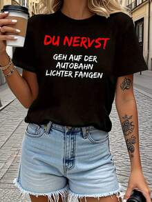 Women's Modern, Casual T-Shirt, Perfect For Parties And Lounging At Home, 100% Cotton, Loose Fit. Funny Text Print Women's Spring - Summer Short - Sleeve Crew Neck Casual T-Shirt, Daily Outing - 黑色 - 查看 7