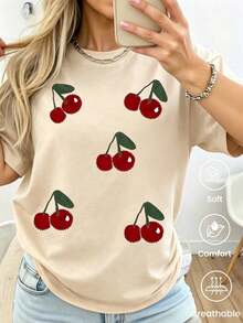 Niche Design 180g Made In Mexico, Spring/Summer 2026 Fashion Short Sleeve T-Shirt, Cartoon Print, Couple Style, Underwear/Outerwear, Casual Office Crew Neck, Unisex One Piece Top 100% Cotton - 杏 - 查看 2