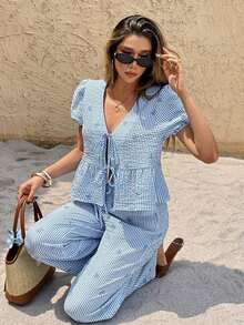 Set de 2 piezas de blusa con manga abullonada y pantalón a rayas con lazo delantero para mujer, para el verano - Azul y blanco - Ver 6