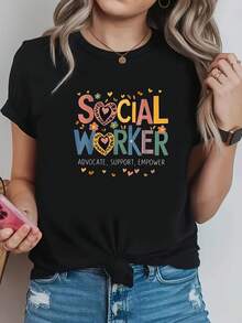 Camiseta de diseño simple y versátil, con temática de corazón de trabajador social, estampado de corazón y eslogan floral, camiseta negra de manga corta con cuello redondo - Lavable a máquina, adecuada para primavera, verano y otoño, estilo casual, ajuste cómodo, diseño moderno, versátil para uso diario, tela suave, camiseta de algodón de estilo moderno. - Negro - Ver 7