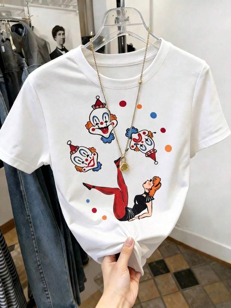 Camiseta de manga corta para mujer con estampado de payasos y mujer malabarista, cuello redondo, tejido de poliéster, ideal para uso diario, salidas casuales y eventos divertidos, estilo retro, temporada primavera-verano, Envío nacional a México. - Blanco - Ver 1