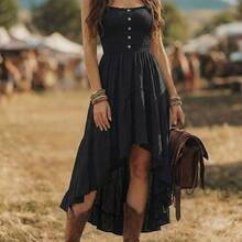 Bohemian Style Casual Vacation Front Short Back Long Cinched Waist Women's Mid-Length Dress - Negro - Ver 5