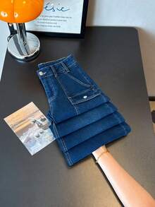 ALO FASHION Pantalones vaqueros anchos de mezclilla lavada para mujer, de talle alto y largos, con bolsillos, perfectos para looks casuales y bohemios. - azul real - Ver 2
