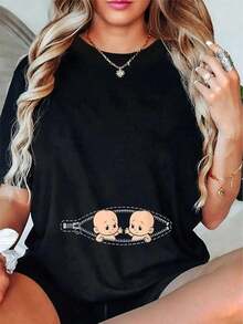 1 pieza de camiseta casual para mujer, 100% algodón, camiseta divertida para mamá de gemelos, camiseta gráfica para mujer y hombre, cuello redondo cómodo, tops de verano para vacaciones, camiseta premium para mujer, estilo Y2K, camisetas de moda de verano, tops casuales de streetwear. - Negro - Ver 1
