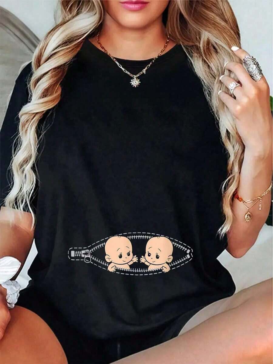 1 pieza de camiseta casual para mujer, 100% algodón, camiseta divertida para mamá de gemelos, camiseta gráfica para mujer y hombre, cuello redondo cómodo, tops de verano para vacaciones, camiseta premium para mujer, estilo Y2K, camisetas de moda de verano, tops casuales de streetwear. - Negro - Ver 1